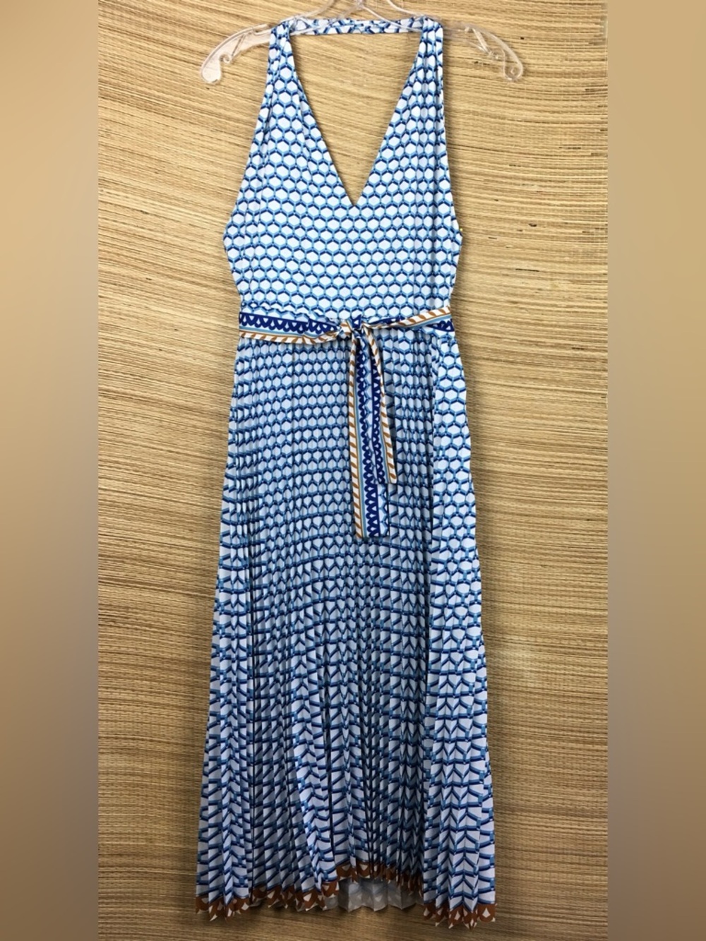 Le Superbe Halter Pleated Maxi Dress Belted In Santorini Dream (White & Blue) M - Picture 5 of 13